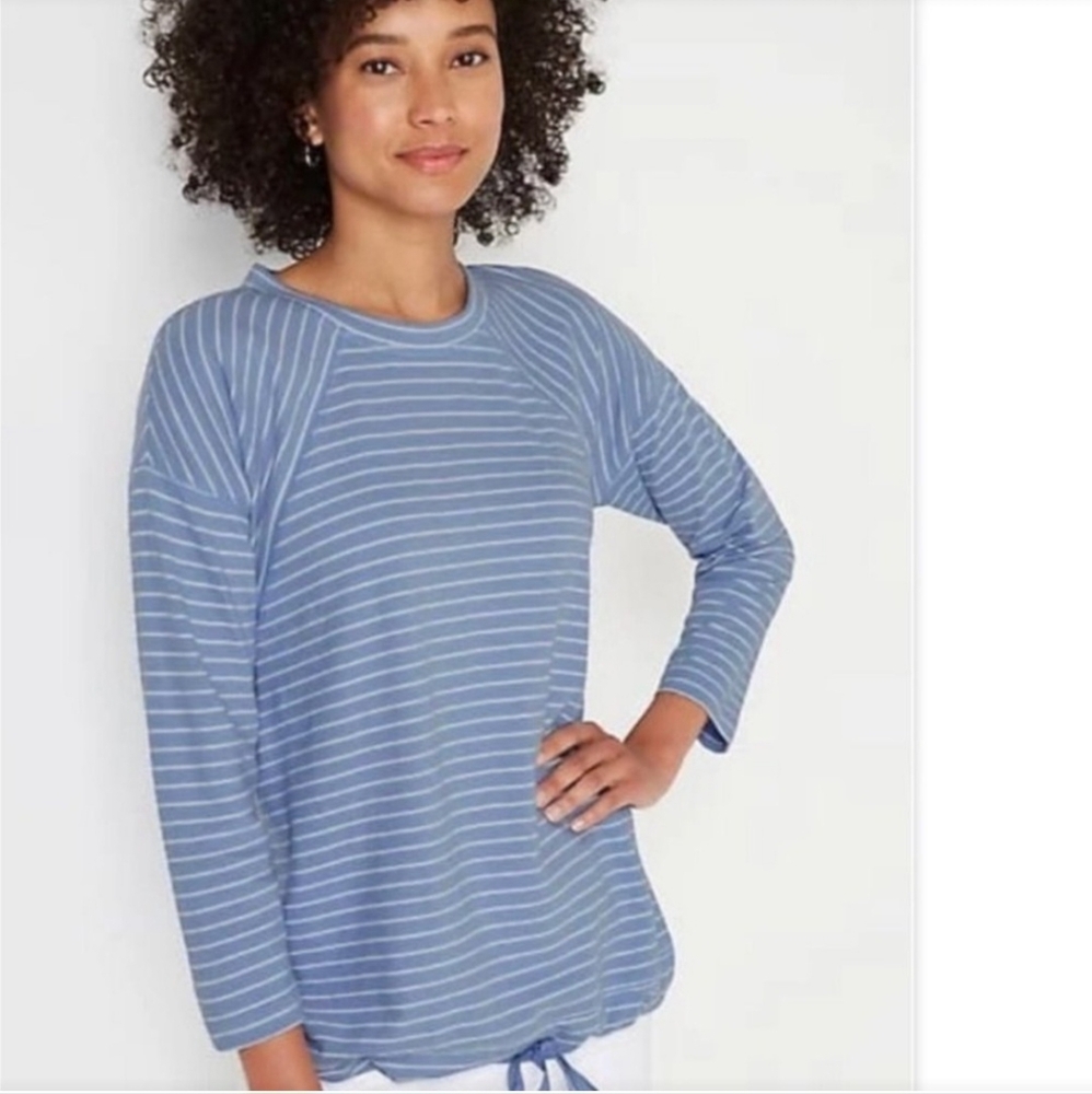J. Jill Woman's Blue White Stripe Drawstring Waist Cotton Knit Shirt Size Small.
